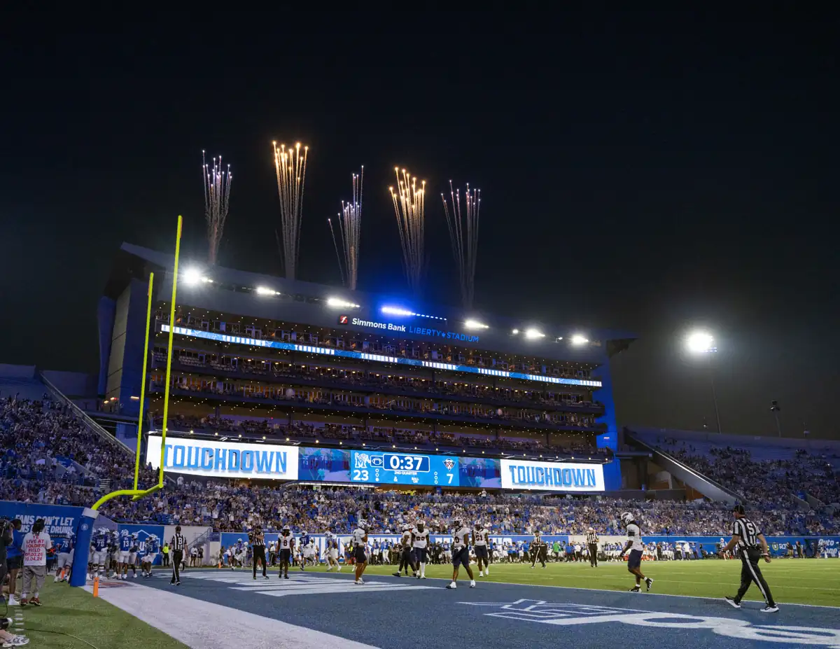 Fireworks over Simmons Bank Liberty Stadium after a Memphis Tigers touchdown
